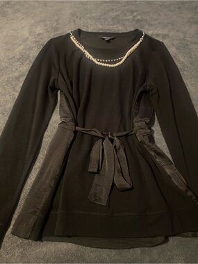 Black Long-Sleeve Belted Dress Shirt with Pearl Neckline